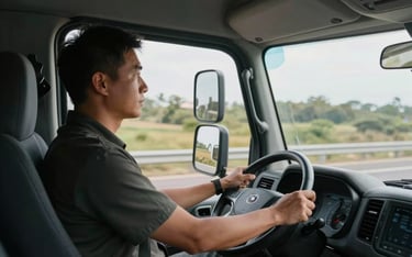 Driver in motion inside modern truck cabin, viewed from behind and slightly to the side, hands on wheel, road infrastructure visible ahead, natural daylight, no portrait — emphasizing the operator in active duty