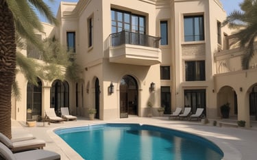 Elegant villa exterior surrounded by lush gardens and a private pool.