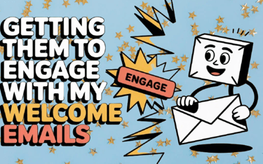 Email marketing graphic about welcome emails engagement with a cartoon envelope character on a star background.