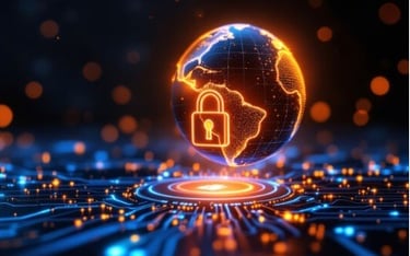 Digital globe with padlock over circuit network, symbolizing global cybersecurity & cloud security.