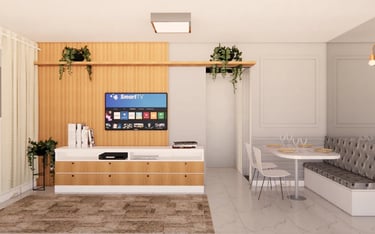 sala de estar com painel de tv e planta reformada