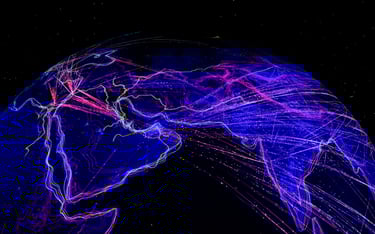 Bunte abstrakte Visualisierung des globalen Datenflusses über Asien und Umgebung.