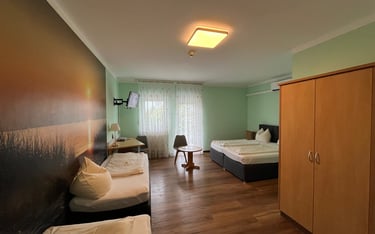 Modern hotel room with wood floors, double bed, sunset wall mural, and wardrobe.