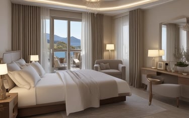 a hotel with a pool surrounded by palm trees