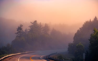 a road with a winding road and trees in the background