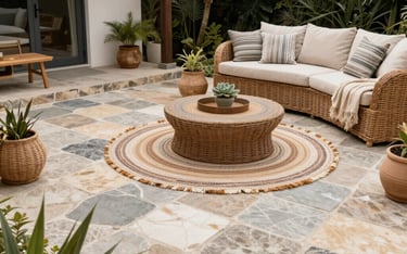 A spacious organic stone patio with comfortable seating, surrounded by tropical plants and soft ambient lighting at dusk.