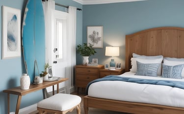 Cozy beachfront room with ocean view and tropical decor inspired by Hawaiian beaches.