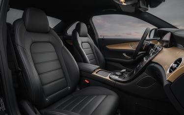 Full view of a luxury car interior with dark leather seats and metallic gold trim.