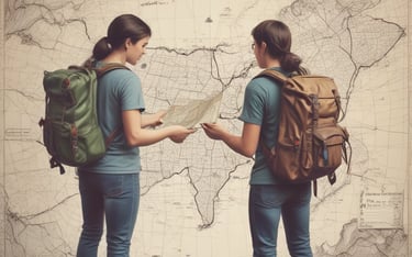 A picture of two people wearing backpacks and looking at a map to plan their journey.