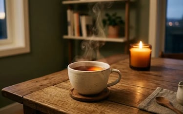 Steaming cup of hot tea on a rustic wooden table with a lit candle for a cozy atmosphere.