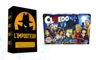 L'Imposteur card game box and Cluedo board game featuring classic detective characters and mystery mansion.