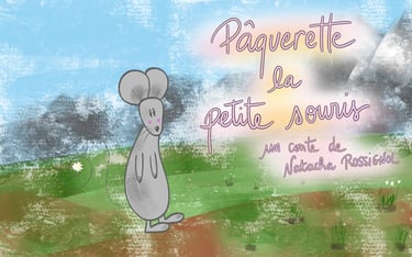Illustration de couverture de Pâquerette la petite souris dans un paysage de montagne fleuri
