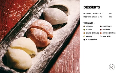 Kenji Ramen Bali menu display showing Desserts - Japanese restaurant offerings