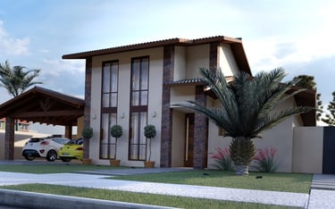 casa rustica com pé direito duplo e janelas altas na fachada