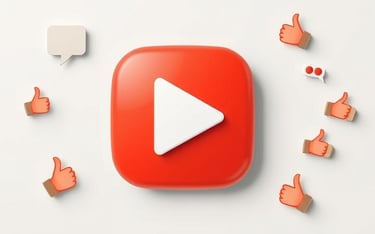 Picture a play button icon with little speech bubbles and thumbs-up symbols surrounding it.