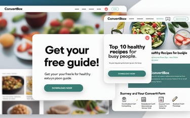a ConvertBox website page with a picture of a healthy food item with a popups for free guide