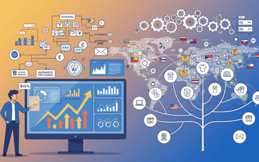 Business scaling illustration with an entrepreneur, global map, and automation tools.