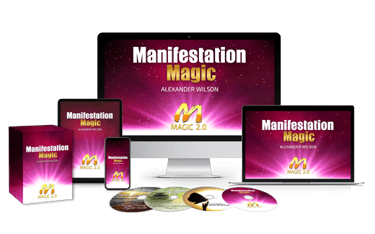 Manifestation Magic 2.0 digital course bundle by Alexander Wilson on computer, tablet, and mobile screens.
