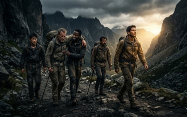 Diverse group of hikers trekking through a rugged mountain valley under a dramatic sunset sky.