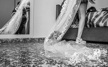 Preparativos de la novia, con la mascota atrapada en el vestido