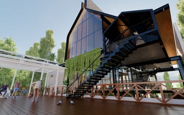 a house with a staircase and a staircase leading to a deck
