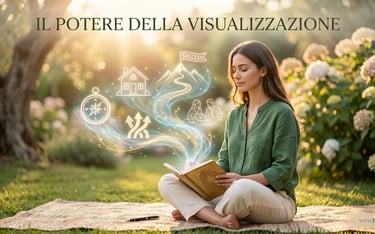 A woman journals in a garden, visualizing success and life goals through glowing mental health icons.