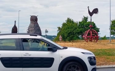 Metal animal sculptures including an owl and rooster on a grassy roadside roundabout with a passing white car.