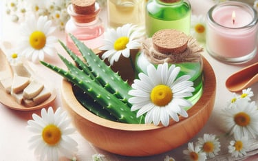 aloe vera leaves and chamomile flowers
