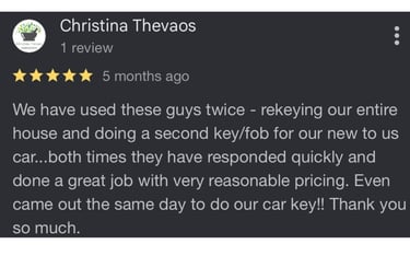 Five-star Google review of Jack's Locksmith for same-day car key fob and house rekey service