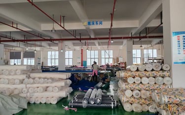 A warehouse filled with fabrics