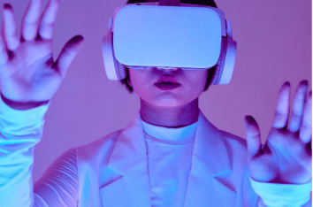 a woman in a white shirt and headphones with a virtual reality