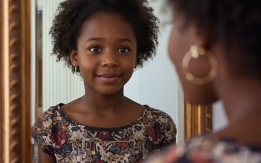 A young Black girl with natural curly hair smiles at her reflection in a gold framed mirror.