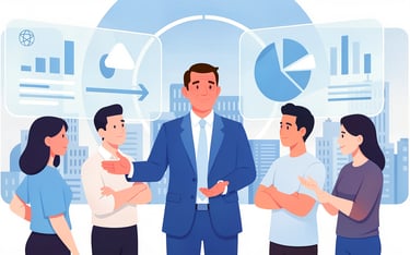 A business leader presenting data analytics and financial charts to a professional team in a modern office.
