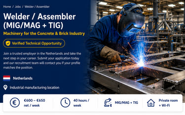 A skilled industrial welder performing MIG/MAG and TIG welding on metal machinery for a job in the Netherlands.