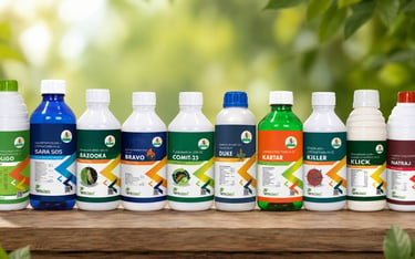 A variety of Iprochem liquid insecticide bottles for agricultural pest control on a wooden table.