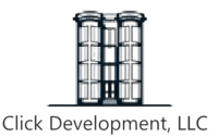 Click Development LLC logo featuring a black and white architectural building illustration.