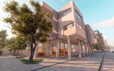 Modern multi-story apartment building with concrete architecture and ground-floor glass storefronts.
