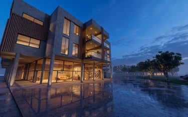Render exterior de edificio multifuncional