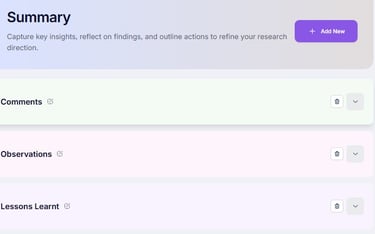 Dashboard summary interface with sections for comments, observations, and lessons learnt.