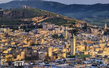 a cityscape of a city with a mountain in the background