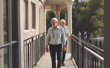 An elderly person wearing a red sari sits beside a large dog in front of a rustic, traditional mud house. The person appears contemplative or pensive, with a hand resting on their head. A charpoy, or traditional woven bed, is visible to the side.