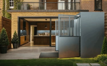 SteelShack retractable outdoor home gym opended in a backyard