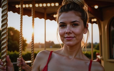 Flux - a woman in a red dress on a carousel