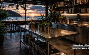 Commercial kitchen prep island and stainless steel Benches New Caledonia overlooking the ocean.