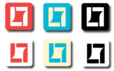 Icône minimaliste géométrique avec un logo en couleurs rouge, bleu, crème et noir