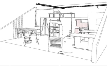 Perspectiva 3D do layout do estúdio Arqmaisart com móveis planejados e estrutura aparente