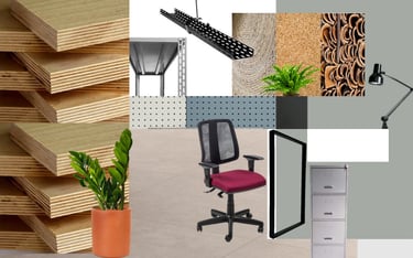 Moodboard com MDF, madeira, cortiça, lousa preta, aço, plantas e móveis para escritório – Arqmaisart