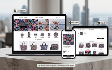 Responsive Shopify website design for Vera Bradley displayed on MacBook, iPhone, and iPad screens.