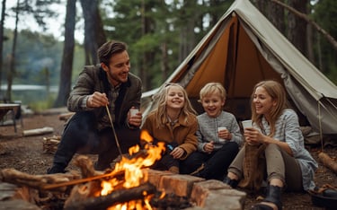 Family enjoying themselves campfire campsite, because they used mosquito repellent