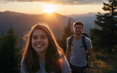 Male and female hikers in the mountain, protected from poison ivy rash